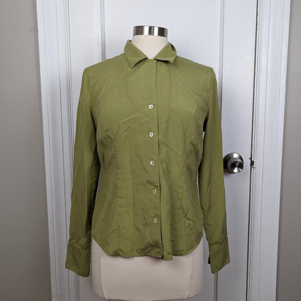 Kate Hill | Green Button Down Long Sleeve Silk Blouse Size 10